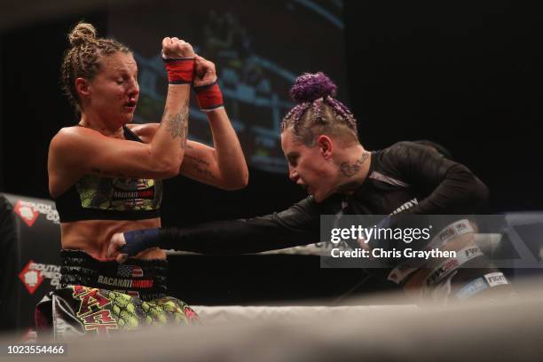 Bec Rawlings fights Britain Hart during the Bare Knuckle Fighting Championship 2: A New Era at Mississippi Coast Coliseum on August 25, 2018 in...