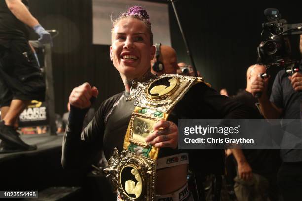Bec Rawlings celebrates after defeating Britain Hart during the Bare Knuckle Fighting Championship 2: A New Era at Mississippi Coast Coliseum on...