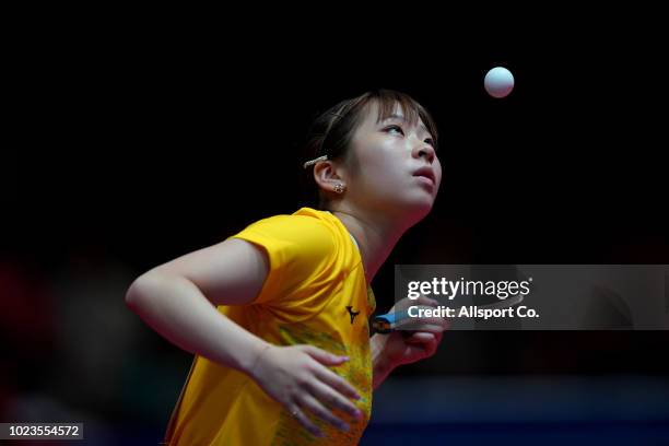 Maeda Miyu of Japan in action during the Women's Team Table Tennis Group 2 match against Thailand at the Jiexpo Hall on day eight of the 18th Asian...
