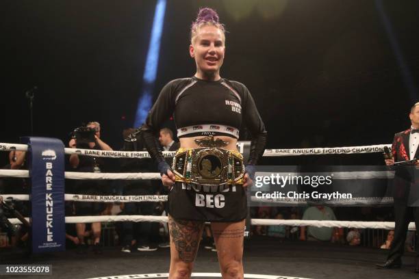 Bec Rawlings celebrates after defeating Britain Hart during the Bare Knuckle Fighting Championship 2: A New Era at Mississippi Coast Coliseum on...