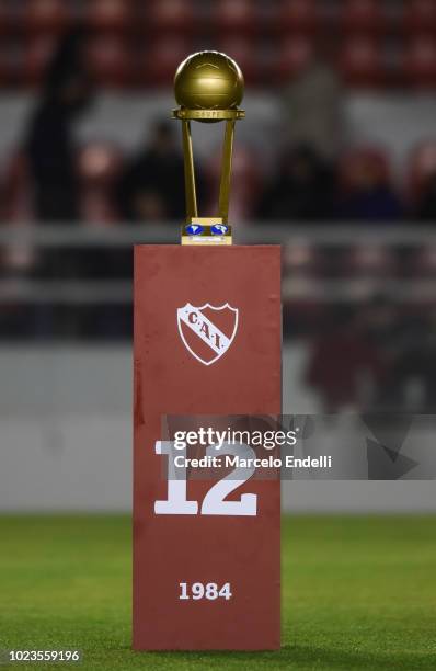 The Intercontinental Cup trophy is displayed during a celebration of Independiente before a round of sixteen match between Independiente and Santos...