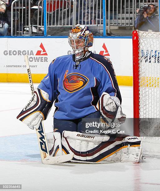 Johan Hedberg of the Atlanta Thrashers against the Carolina Hurricanes at Philips Arena on March 29, 2010 in Atlanta, Georgia.