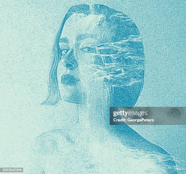multiple exposure of woman morphing into waterfall - gooseberry falls stock illustrations
