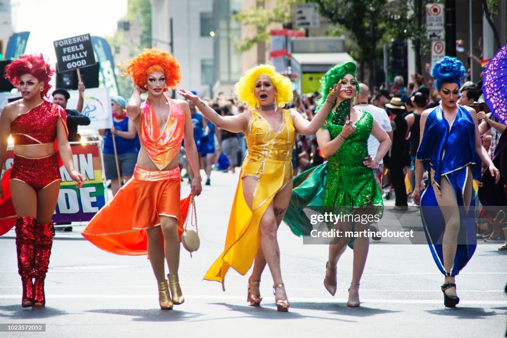 Drag Parade Group Of Drag Queen Participants Of Lgbtq Pride Parade In Montreal High ...