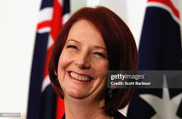 Australian Prime Minister Julia Gillard speaks during a press conference following the Australian Labor Party leadership spill which saw Gillard call...