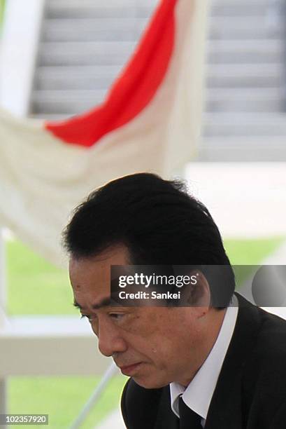 Japanese Prime Minister Naoto Kan visits the Peace Memorial Park on June 23, 2010 in Itoman, Japan. Naoto Kan was lately elected Japanese Prime...