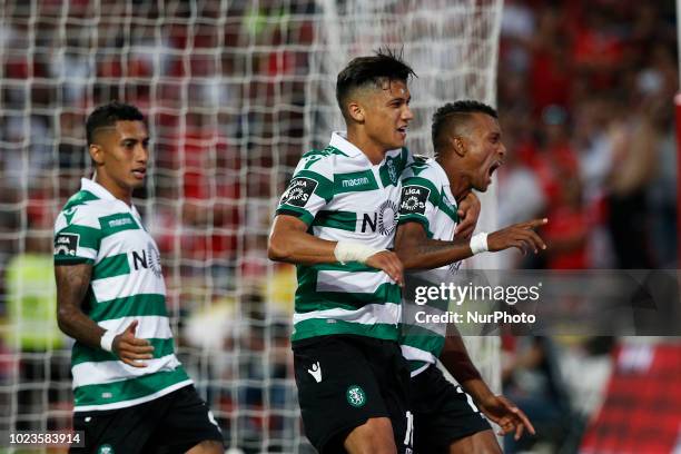 Nani of Sporting CP celebrates his goal with Freddy Montero of Sporting CP and Raphina of Sporting CP during Primeira Liga 2018/19 match between SL...