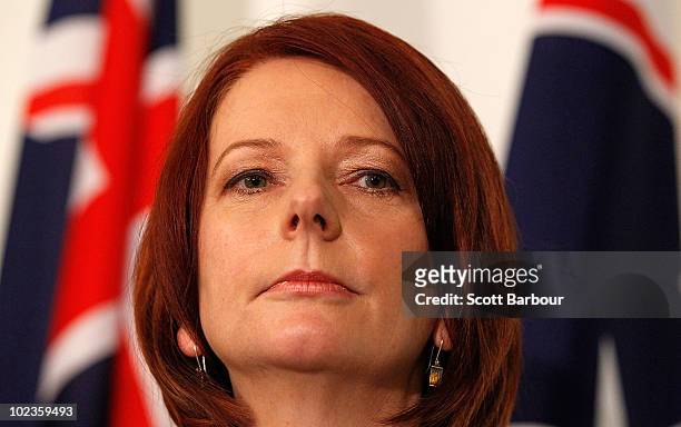 Australian Prime Minister Julia Gillard speaks during a press conference following the Australian Labor Party leadership spill which saw Gillard call...