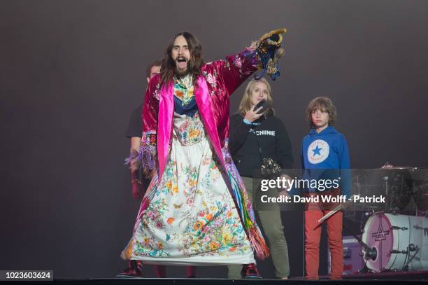 Jared Leto from Thirty Seconds to Mars performs at Rock en Seine Festival on August 25, 2018 in Saint-Cloud, France.