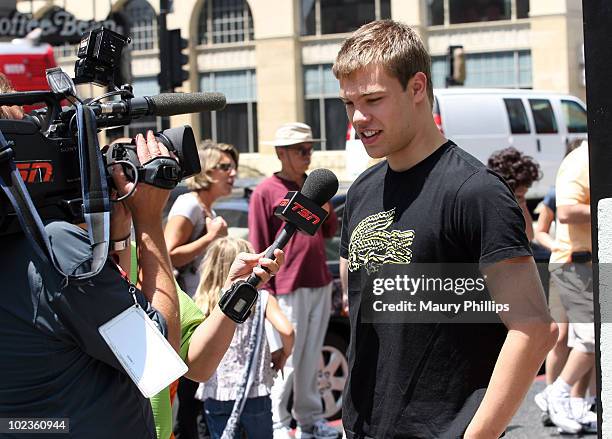 Taylor Hall talks to the media during the Top NHL Draft Prospects At The Hollywood Walk of Fame on June 23, 2010 in Hollywood, California.