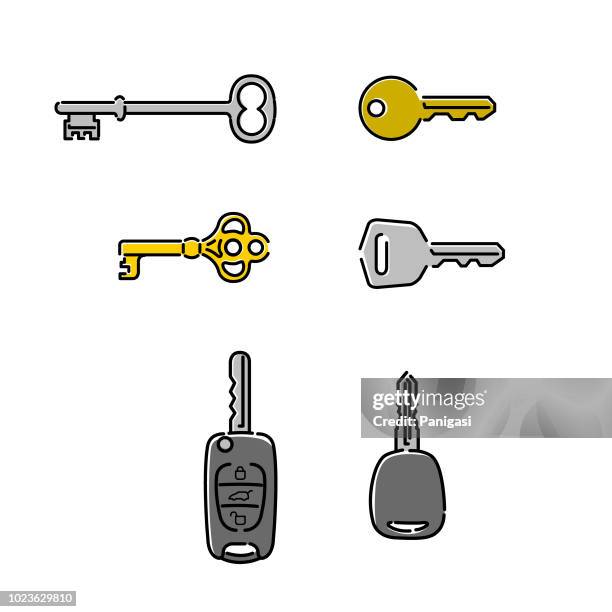 different keys open outline icons - car boot stock illustrations