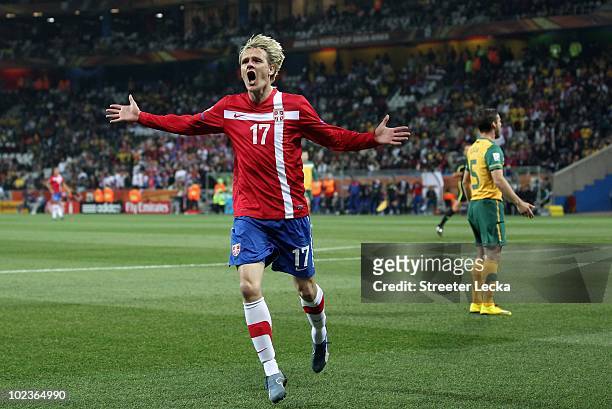 Milos Krasic of Serbia reacts to missing a shot on goal during the 2010 FIFA World Cup South Africa Group D match between Australia and Serbia at...