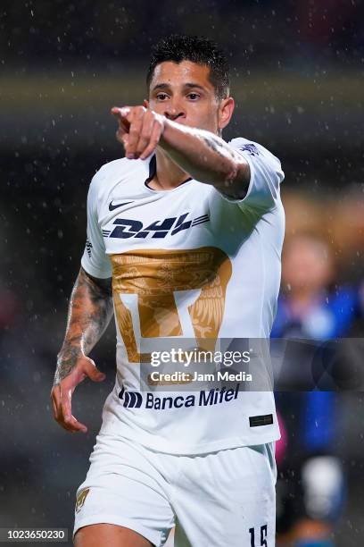 Juan Iturbe of Pumas gestures during the 6th round match between Pumas UNAM and Queretaro as part of the Torneo Apertura 2018 Liga MX at Olimpico...