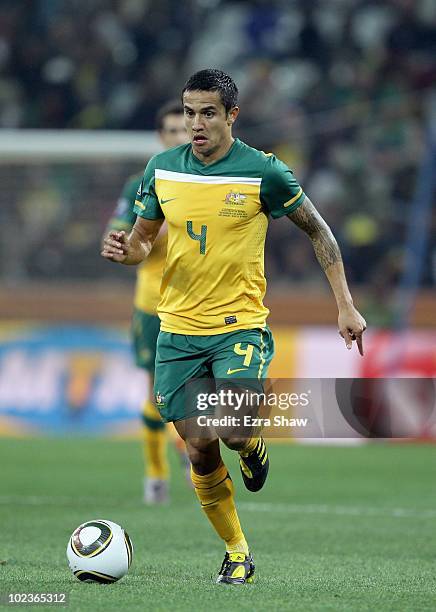 Tim Cahill of Australia runs with the ball during the 2010 FIFA World Cup South Africa Group D match between Australia and Serbia at Mbombela Stadium...