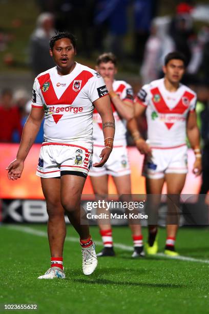 Luciano Leilua of the Dragons looks dejected after a Bulldogs try during the round 24 NRL match between the St George Illawarra Dragons and the...