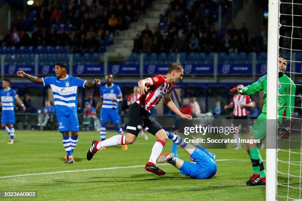 Luuk de Jong of PSV scores his goal to make it 1-0, Sepp van den Berg of PEC Zwolle, Mickey van der Hart of PEC Zwolle during the Dutch Eredivisie...