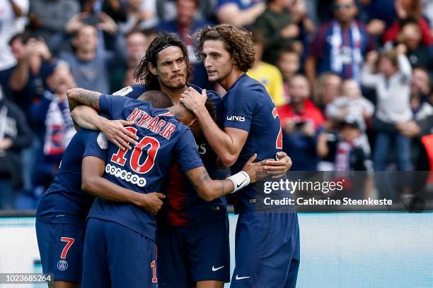 Neymar Jr of Paris Saint-Germain celebrates his goal with Kylian Mbappe, Edinson Cavani and Adrien Rabiot of Paris Saint-Germain during the Ligue 1...