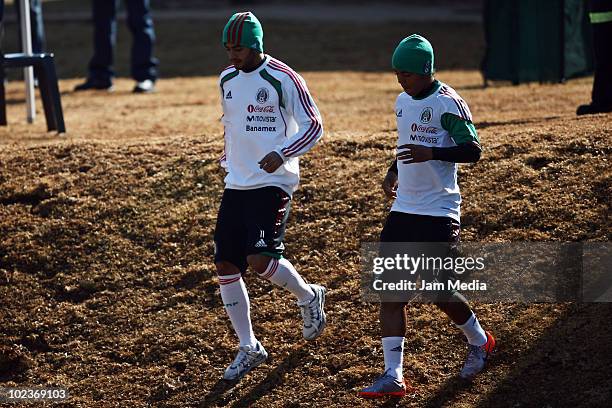 Players Carlos Vela and Giovani dos Santos in action during Mexico training session at the Waterstone College on June 24, 2010 in Johannesburg, South...