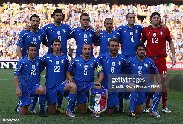 Italy line up before the 2010 FIFA World Cup South Africa Group F match between Slovakia and Italy at Ellis Park Stadium on June 24, 2010 in...