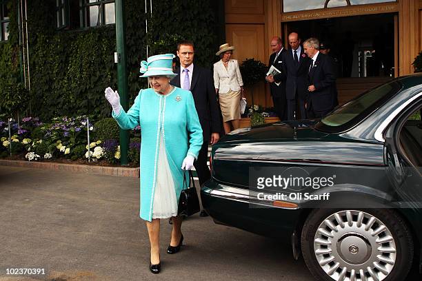Queen Elizabeth II leaves the Wimbledon Lawn Tennis Championships on Day 4 at the All England Lawn Tennis and Croquet Club on June 24, 2010 in...