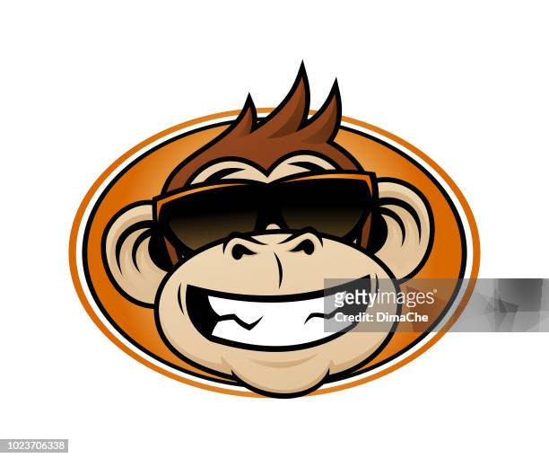 laughing monkey head cartoon mascot in sunglasses - eyewear logo stock illustrations