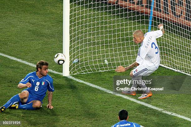 Martin Skrtel of Slovakia clears the ball from the goal line during the 2010 FIFA World Cup South Africa Group F match between Slovakia and Italy at...