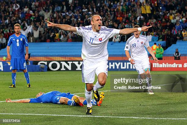 Robert Vittek of Slovakia celebrates scoring the second goal during the 2010 FIFA World Cup South Africa Group F match between Slovakia and Italy at...