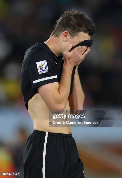 Chris Wood of New Zealand is dejected after a goalless draw and elimination in the 2010 FIFA World Cup South Africa Group F match between Paraguay...