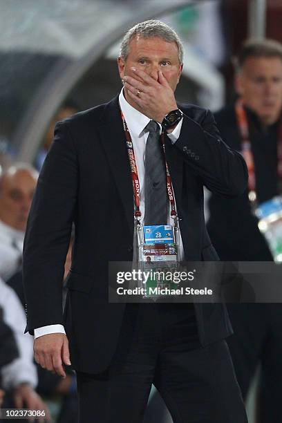 Ricki Herbert head coach of New Zealand is dejected after a goalless draw and elimination in the 2010 FIFA World Cup South Africa Group F match...