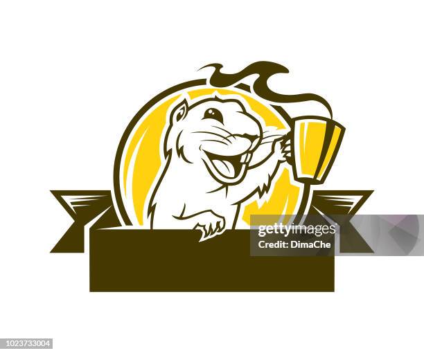 stockillustraties, clipart, cartoons en iconen met lachen gopher stripfiguur met cup - vector embleem met ruimte voor uw tekst - bever