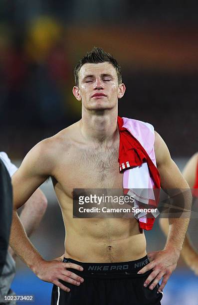 Tommy Smith of New Zealand is dejected after a goalless draw and elimination in the 2010 FIFA World Cup South Africa Group F match between Paraguay...