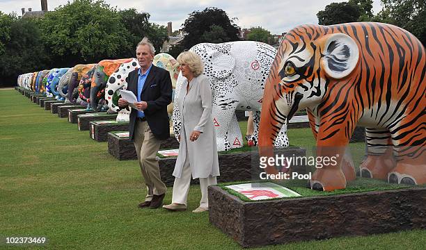 Camilla, Duchess of Cornwall is shown elephant sculptures as she is escorted around the Elephant Parade exhibition at Chelsea Hospital Gardens by her...
