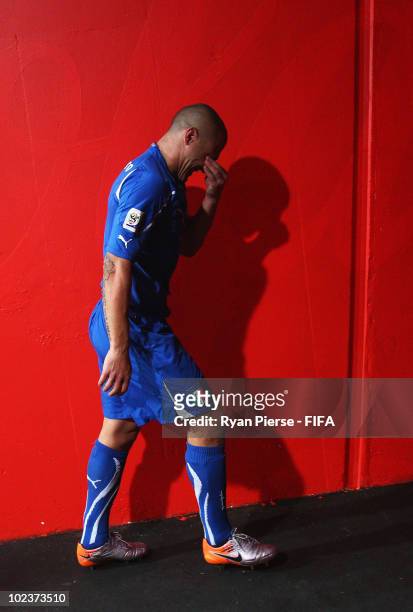 Fabio Cannavaro of Italy is dejected in the players tunnel after the 2010 FIFA World Cup South Africa Group F match between Slovakia and Italy at...