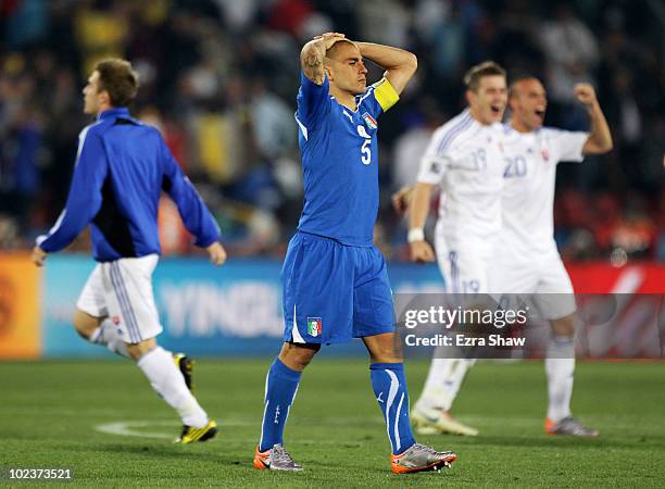 Fabio Cannavaro, captain of Italy, leaves the field dejected after being knocked out of the competition by Slovakia during the 2010 FIFA World Cup...