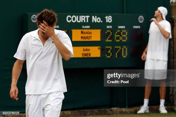 Nicolas Mahut of France after losing on the third day of his first round match against John Isner of USA on Day Four of the Wimbledon Lawn Tennis...