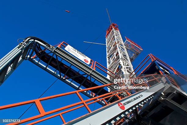 Patterson UTI Drilling Co.'s drilling rig stands during natural gas drilling operations in the Eagle Ford shale in Karnes County, Texas, U.S., on...