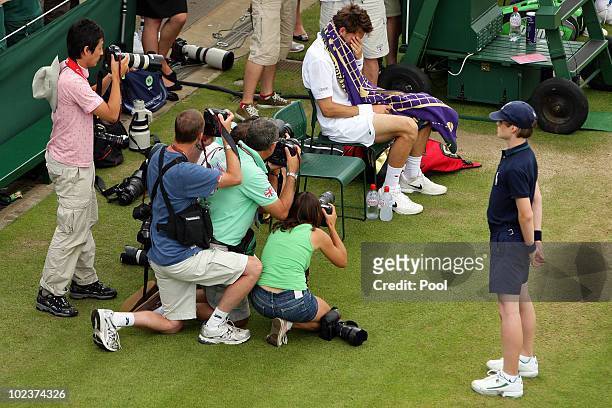 Nicolas Mahut of France after losing on the third day of his first round match against John Isner of USA on Day Four of the Wimbledon Lawn Tennis...