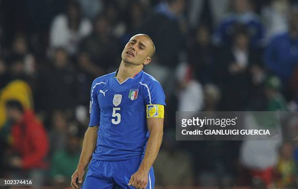 Italy's defender Fabio Cannavaro reacts during the Group F first round 2010 World Cup football match between Italy and Slovakia on June 24, 2010 at...