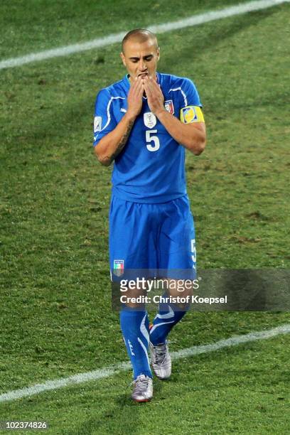 Fabio Cannavaro, captain of Italy, leaves the field dejected after being knocked out of the competition by Slovakia during the 2010 FIFA World Cup...
