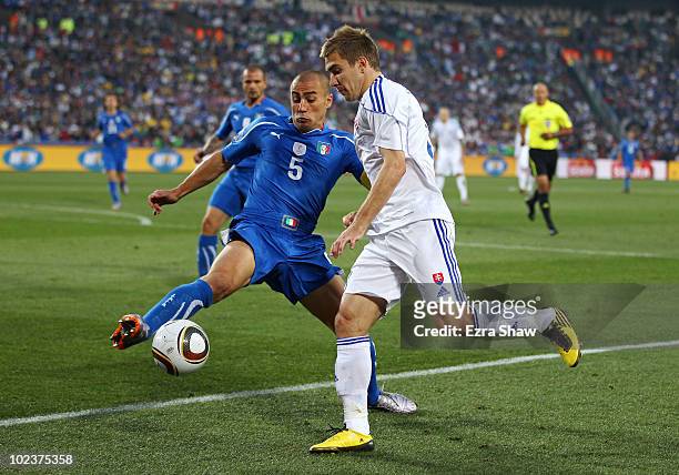 Fabio Cannavaro of Italy attempts to block the cross by Erik Jendrisek of Slovakia during the 2010 FIFA World Cup South Africa Group F match between...