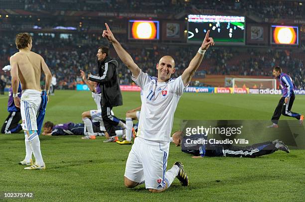 Robert Vittek of Slovakia celebrates victory with team mates after knocking Italy out of the competition during the 2010 FIFA World Cup South Africa...