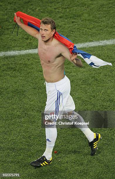 Jan Durica of Slovakia celebrates victory after knocking Italy out of the competition during the 2010 FIFA World Cup South Africa Group F match...