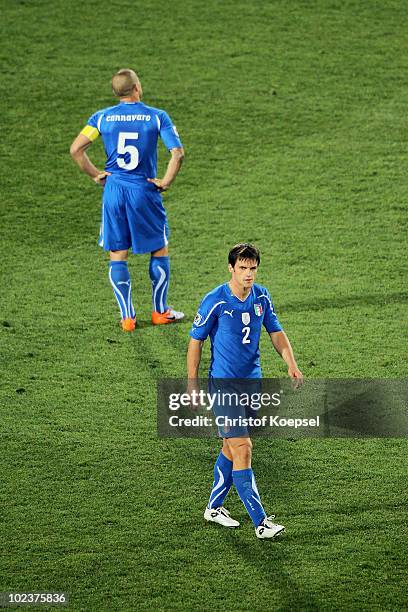 Fabio Cannavaro and Cristian Maggio of Italy look dejected during the 2010 FIFA World Cup South Africa Group F match between Slovakia and Italy at...