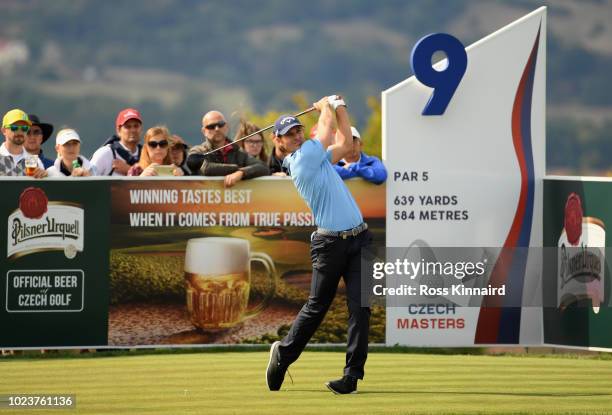 Andrea Pavan of Italy tees off on the 9th hole during day four and final round of the the D+D REAL Czech Masters at Albatross Golf Resort on August...