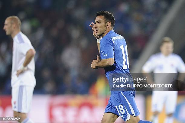 Italy's striker Fabio Quagliarella gestures after scoring during their Group F first round 2010 World Cup football match on June 24, 2010 at Ellis...