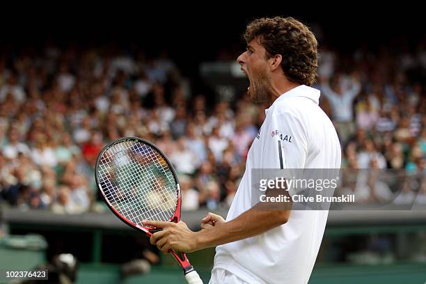Robin Haase of Netherlands reacts after a point during his second round match against Rafael Nadal of Spain on Day Four of the Wimbledon Lawn Tennis...