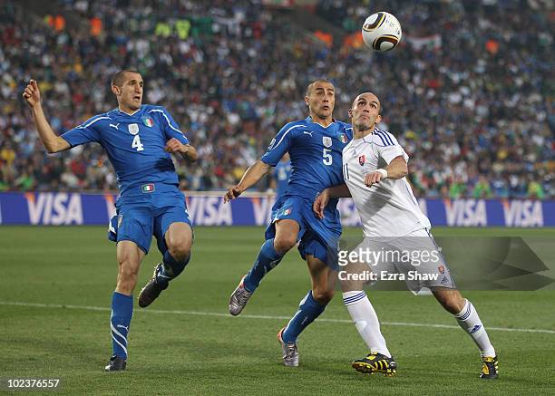 Fabio Cannavaro and Robert Vittek of Slovakia battle for the ball as Giorgio Chiellini looks on during the 2010 FIFA World Cup South Africa Group F...