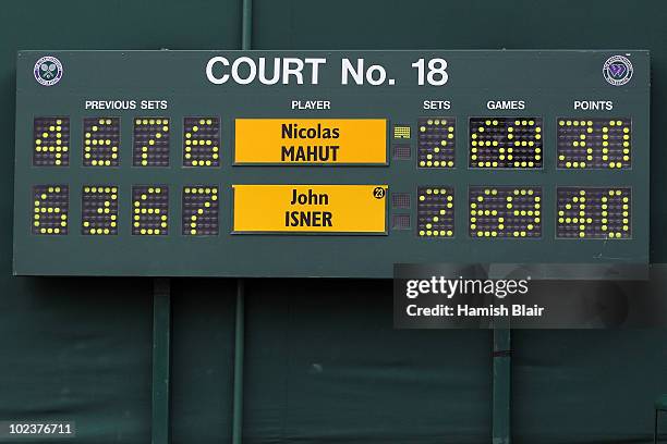 The scoreboard at match point during the 3 day long John Isner of USA v Nicolas Mahut of France first round match on Day Four of the Wimbledon Lawn...