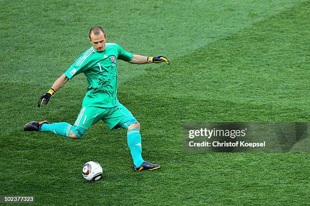 Jan Mucha of Slovakia takes a goal kick during the 2010 FIFA World Cup South Africa Group F match between Slovakia and Italy at Ellis Park Stadium on...