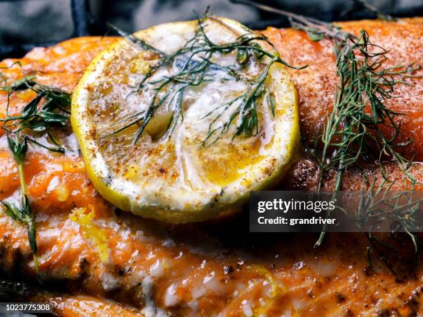 cedar plank salmon with lemon and herbs - dill stock pictures, royalty-free photos & images